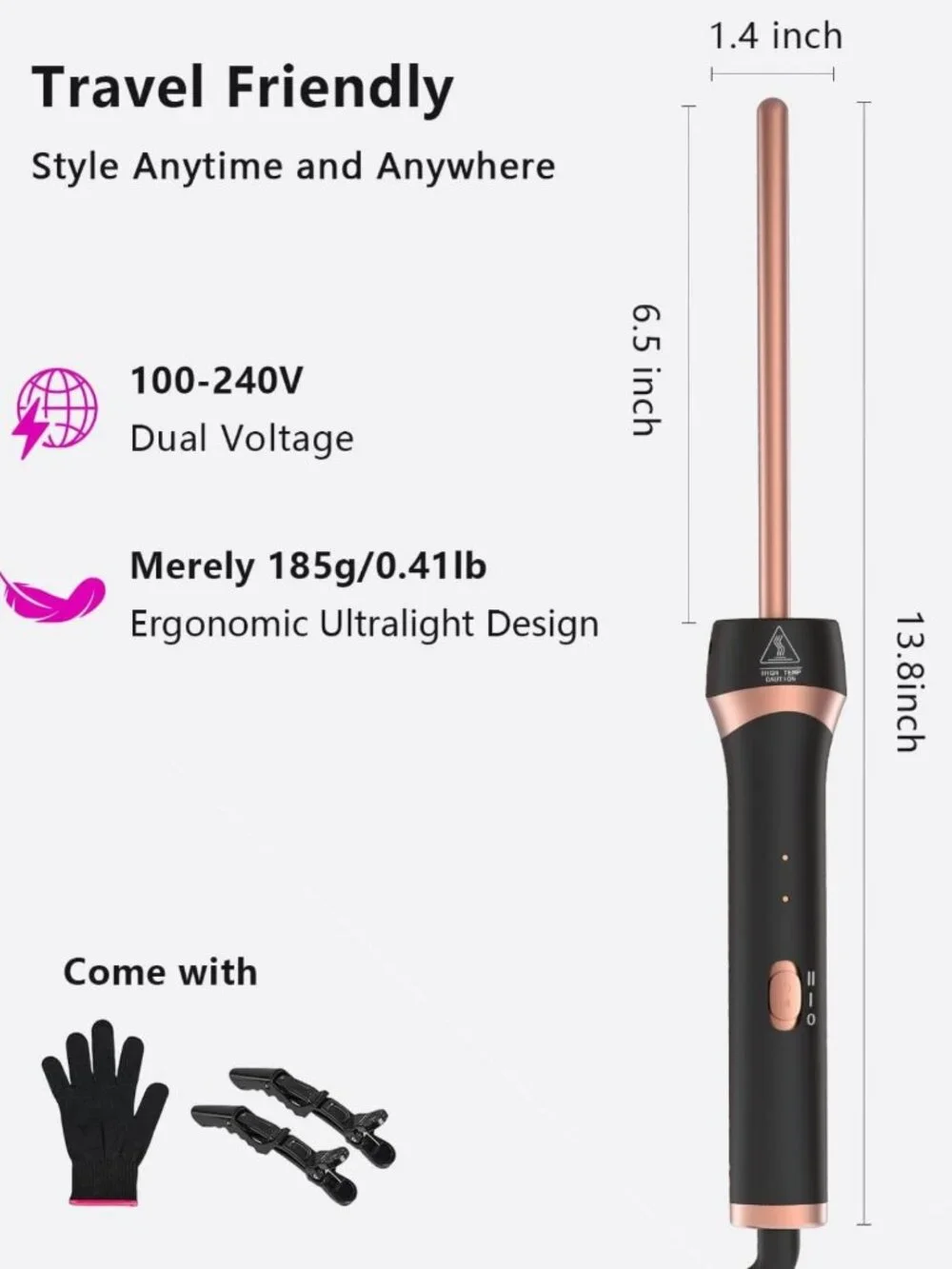 Mini Curling Wand 3/8 Inch - Tiny Barrel for Tight Spiral Curls, Dual Voltage